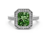 Fancy Green Radiant Cut Diamond Halo Engagement Ring Set in Platinum with Pavé Band and Round Halo Stones