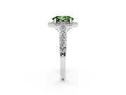 Fancy Green Oval Cut Diamond Milgrain Halo Solitaire Ring Set in Platinum with Bezel Set Side Stones and Pavé Band