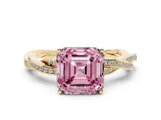 Fancy Pink Asscher Cut Diamond Solitaire Twisted Pavé Ring Set in Yellow gold with Prong Setting