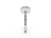 Fancy Pink Cushion Cut Diamond Halo Ring Set in White gold with Pavé Band and Milgrain-Edged Prongs