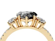 Fancy Black Heart Cut Diamond Three-Stone Ring Set in Yellow gold with Pavé Band and Graduated Sides