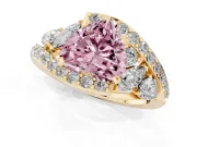 Fancy Pink Heart Cut Diamond Halo Ring Set in Yellow gold with Marquise and Pavé Band in Prong Setting