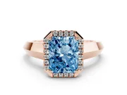 Fancy Blue Radiant Cut Diamond Halo Ring Set in Rose gold with Cathedral Band and Prong Setting