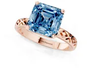 Fancy Blue Asscher Cut Diamond Solitaire Ring Set in Rose gold with Milgrain and Black Enamel X Pattern Band