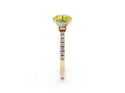 Fancy Yellow Round Cut Diamond Three-Stone Ring Set in Yellow gold with Pavé Band and Graduated Sides
