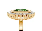 Fancy Green Oval Cut Diamond Halo Ring Set in Yellow gold with Milgrain Edge and Round Prong Setting