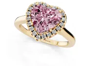 Fancy Pink Heart Cut Halo Round Diamond Solitaire Ring Set in Yellow gold with Pavé Band and Prong Setting