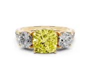 Cushion Cut Three Stone Engagement Ring Setting for a Fancy Yellow Lab-Grown Diamond | Accented Shoulders | Yellow Gold