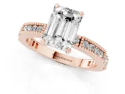 Emerald Cut Diamond Solitaire Ring Set in Rose gold with Slim Pavé Band and Prong Setting