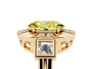 Fancy Yellow Oval Cut Diamond Milgrain Halo Ring Set in Yellow gold with Split Shank