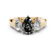Fancy Black Three-Stone Pear Cut Diamond Ring Set in Yellow gold with Matching Prong Settings and Plain Band