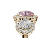 Round Three Stone Halo Engagement Ring Setting for a Fancy Pink Lab-Grown Diamond | Yellow Gold