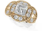 Princess Cut Vintage Floral Halo Engagement Ring Setting | Engraved Milgrain Band | Yellow Gold