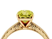 Fancy Yellow Radiant Cut Diamond Solitaire Milgrain Engraved Band Set in Yellow gold with Prong Setting