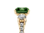 Fancy Green Three-Stone Asscher Cut Diamond Pavé Band Ring Set in Yellow gold with Prong-Set Trio