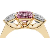 Emerald Cut Three Stone Engagement Ring Setting for a Fancy Pink Lab-Grown Diamond | Basket Prong Heads | Yellow Gold