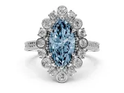 Fancy Blue Marquise Cut Diamond Halo Milgrain Pavé Ring Set in Platinum with Prong Setting