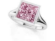 Fancy Pink Bezel Set Princess Cut Diamond Solitaire Ring Set in Platinum with Tapered Band