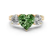 Fancy Green Heart Cut Diamond Three-Stone Ring Set in Yellow gold with Milgrain Band
