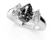 Fancy Black Three-Stone Pear Cut Diamond Ring Set in Silver with Matching Prong Settings and Plain Band