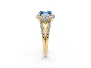 Fancy Blue Asscher Cut Diamond Halo Split Shank Engagement Ring Set in Yellow gold with Prong-Held Center Stone