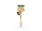 Fancy Green Oval Cut Diamond Solitaire Twist Engagement Ring Set in Yellow gold with Pavé Leaf Accents