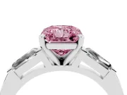 Fancy Pink Radiant Cut Diamond Solitaire Ring Set in Platinum with Tapered Baguette Side Stones and Prong Setting