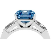 Fancy Blue Asscher Cut Diamond Solitaire Ring Set in White gold with Tapered Baguette Side Stones and Prong Setting