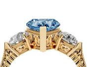 Fancy Blue Heart Cut Diamond Three-Stone Ring Set in Yellow gold with Milgrain Band