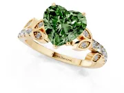 Fancy Green Heart Cut Diamond Solitaire Leaf-Inspired Ring Set in Yellow gold with Pavé Band and Prong Setting