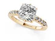 Cushion Cut Hidden Halo Solitaire Engagement Ring Setting | Shared Prong Band | Yellow Gold