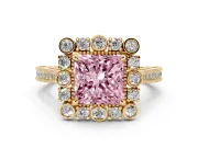 Fancy Pink Princess Cut Diamond Halo Milgrain Pavé Ring Set in Yellow gold with Prong Setting