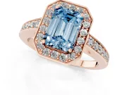 Fancy Blue Emerald Cut Diamond Halo Pavé Engagement Ring Set in Rose gold with Bezel Setting