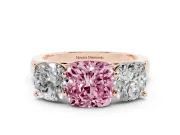 Cushion Cut Three Stone Engagement Ring Setting for a Fancy Pink Lab-Grown Diamond | Basket Prong Heads | Rose Gold