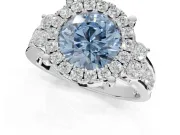 Round Halo Engagement Ring Setting for a Fancy Blue Lab-Grown Diamond | Side Clusters | White Gold
