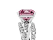 Fancy Pink Asscher Cut Diamond Solitaire Twist Band Ring Set in Silver with Pavé Setting and Prong Head