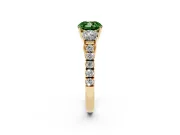Fancy Green Cushion Cut Diamond Three-Stone Ring Set in Yellow gold with Round Side Stones and Delicate Pavé Band