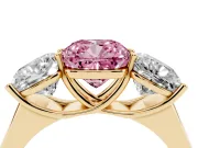 Cushion Cut Three Stone Engagement Ring Setting for a Fancy Pink Lab-Grown Diamond | Basket Prong Heads | Yellow Gold