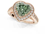Fancy Green Heart-Shaped Lab-Grown Diamond Milgrain Halo Solitaire Ring Set in Rose Gold with Bezel Set Side Stones and Pavé Band