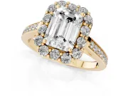 Emerald Cut Diamond Floral Halo Ring Set in Yellow gold with Pavé Band and Prong Setting