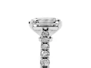 Emerald Cut Diamond Solitaire Engagement Ring Set in Silver with Delicate Pavé Band and Prong Setting