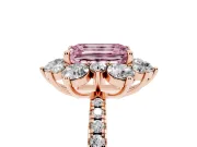 Fancy Pink Emerald Cut Diamond Floral Halo Ring Set in Rose gold with Round Pavé Band and Prong Setting