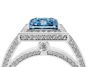 Fancy Blue Princess Cut Diamond Halo Pavé Split Shank Ring Set in Platinum with Prong Setting