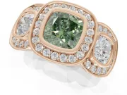 Cushion Cut Three Stone Halo Engagement Ring Setting for a Fancy Green Lab-Grown Diamond | Rose Gold