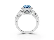 Fancy Blue Round Cut Diamond Halo Ring Set in Platinum with Milgrain Pavé Band and Prong Setting