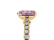 Fancy Pink Emerald Cut Diamond Solitaire Engagement Ring Set in Yellow gold with Delicate Pavé Band and Prong Setting