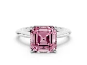 Fancy Pink Asscher Cut Diamond Solitaire Ring Set in White gold with Prong Setting on a Plain Round Band