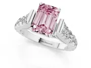 Fancy Pink Emerald Cut Diamond Classic Solitaire Ring Set in Platinum with Pavé Band and Prong Setting