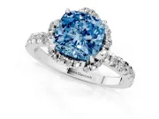 Fancy Blue Cushion Cut Diamond Halo Pavé Band Ring Set in White gold with Prong-Held Center