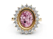 Fancy Pink Oval Cut Diamond Halo Ring Set in Yellow gold with Milgrain Edge and Round Prong Setting
